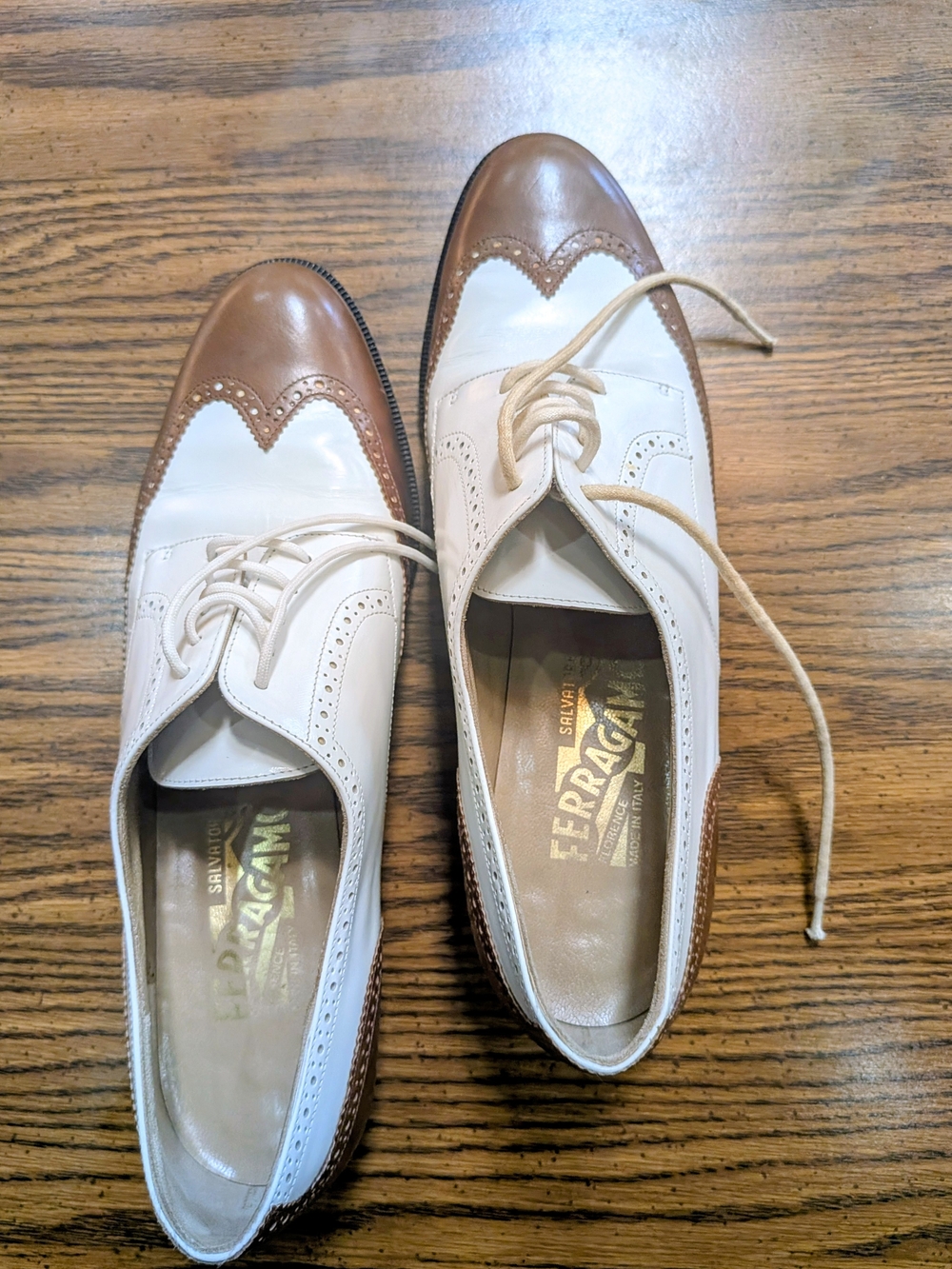 Salvatore Ferragamo Two-Tone Brown and White Wingtip Oxfords - Women